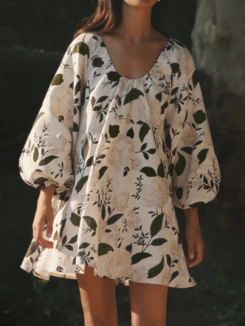 Morton Mac Tall 100% Linen Floral Mini Dress Balloon Sleeve White NWT AU